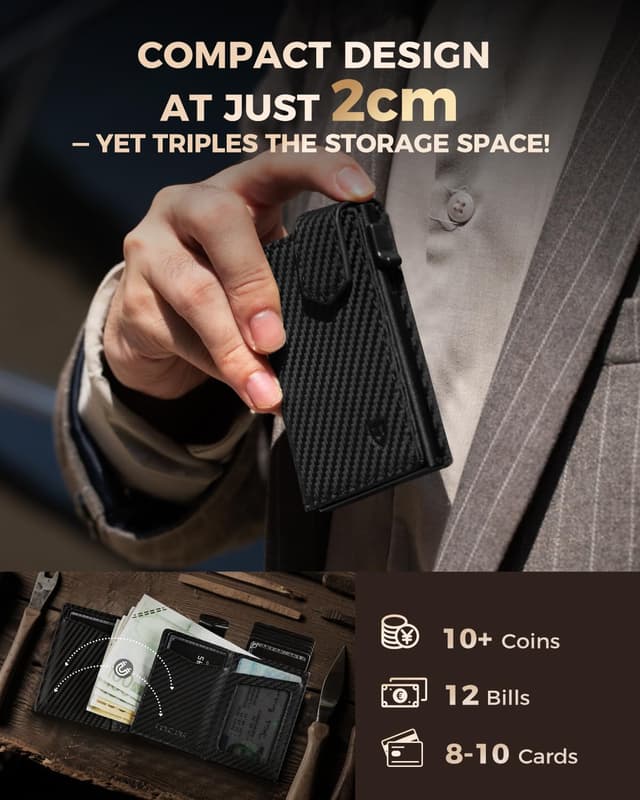 Detalle de LORZOR Magnetic Closure Card Holder with XXL Coin Pocket – Slim Genuine Leather RFID Wallet (10 cards)