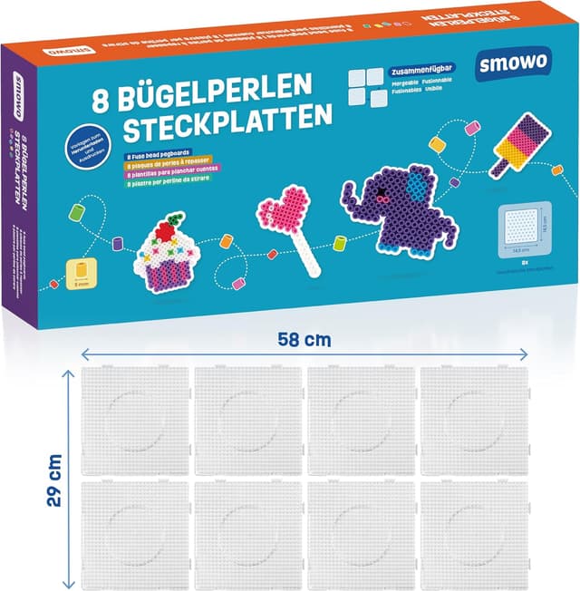 Detalle 2 de Smowo® 8 Bügelperlen Steckplatten (5 mm) – quadratisch & transparent, 14,5 x 14,5 cm, zusammensteckbar