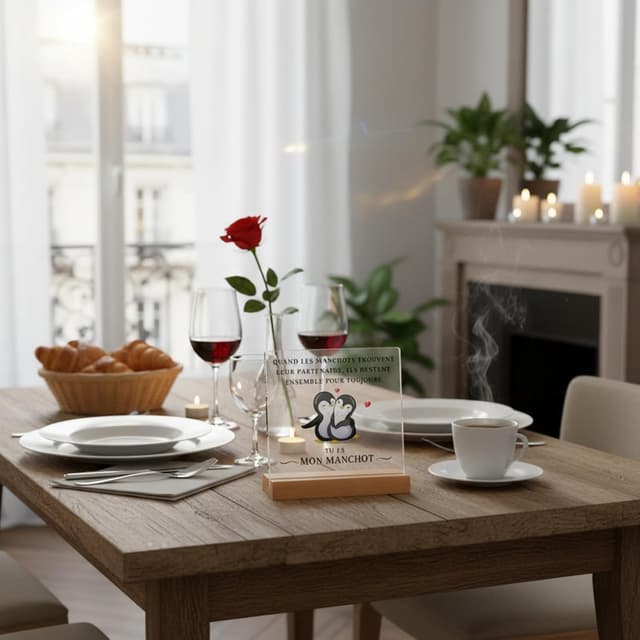 Detalle de Mvyc Cadeau Couple Original : plaque acrylique « Tu es mon manchot » avec socle en bois