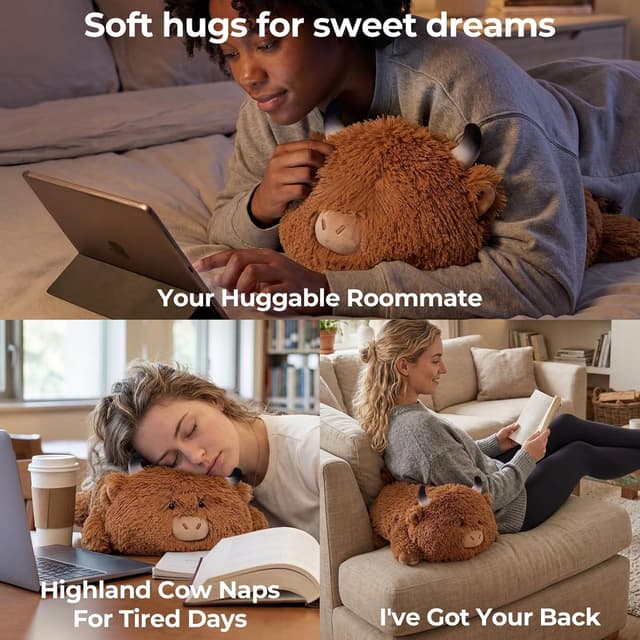 Detalle de Mewaii Cute Cow Plush Pillow – Kawaii Highland Cow Squishy Cuddle Pillow (13")