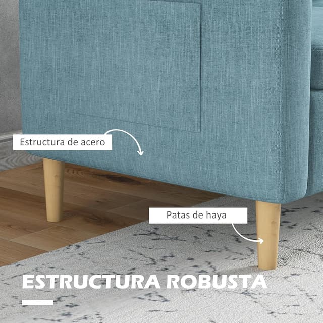 Detalle 2 de HOMCOM Sofá 2 Plazas Azul Claro con Bolsillos y Patas de Madera 🛋