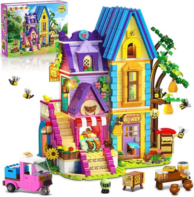 Detalle de HOGOKIDS Bienenhaus & Bäckerei Haus Bauspielzeug mit LED-Licht – 1084-teilige Backset-Spielwelt