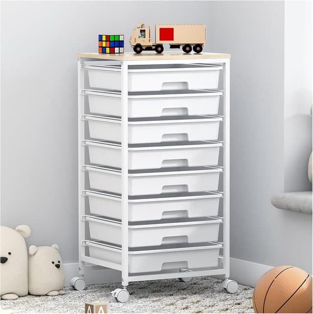 Detalle de SYKIARIOL 8-Drawer Storage Trolley with Lockable Wheels and Plastic Drawers (Nature White)