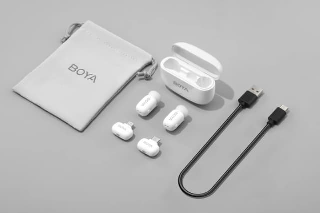 Detalle de Boya Mini Ultra-Mini Weiß (USB‑C und Lightning) Set mit zwei Mikrofonen und zwei Empfängern