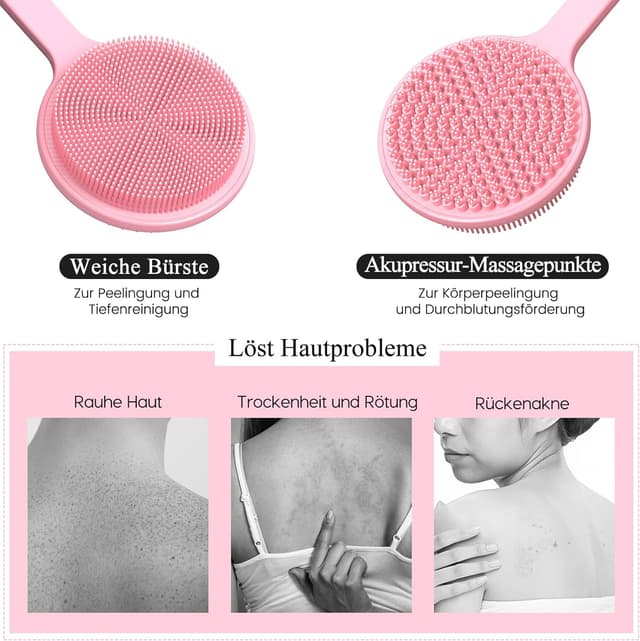 Detalle 2 de Rückenbürste Dusche aus Silikon mit langem Stiel – doppelseitig, Massage- und Peelingbürste für Körper