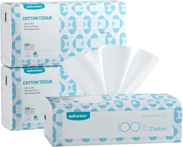 Detalle de Winner Soft Face Towels – 100% Biobased Unscented Disposable Facial Towelettes (300 ct, Pack of 3)