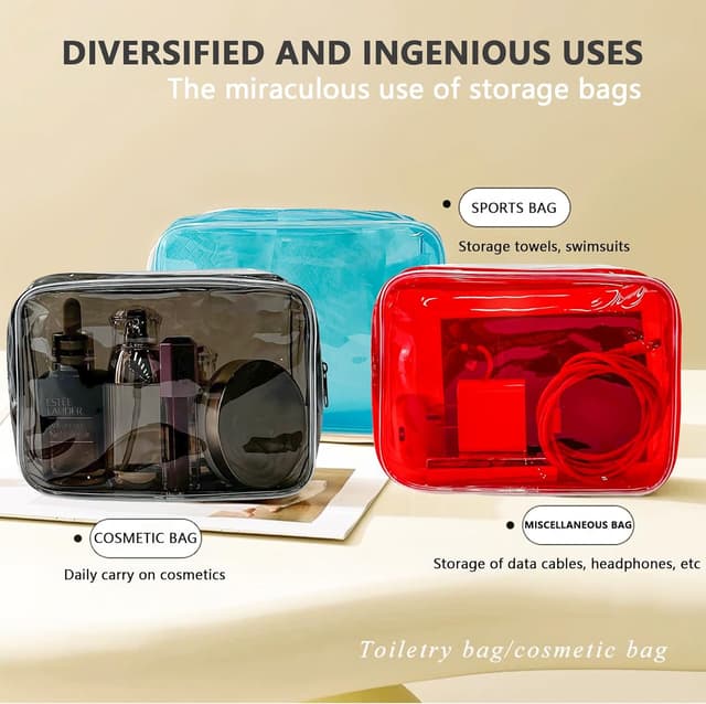 Detalle de TotePrint 5-Set transparente PVC-Kulturbeutel in 5 Farben (18 × 12 × 6 cm)