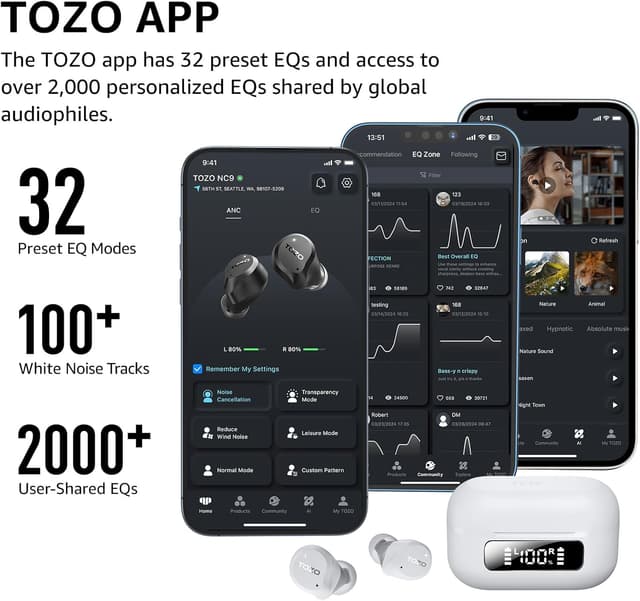 Thumbnail 6 de TOZO NC9 Bluetooth In-Ear Kopfhörer mit Hybrid-ANC (45 dB), 6 Mikrofone ENC & 60 Std. Akku – Weiß
