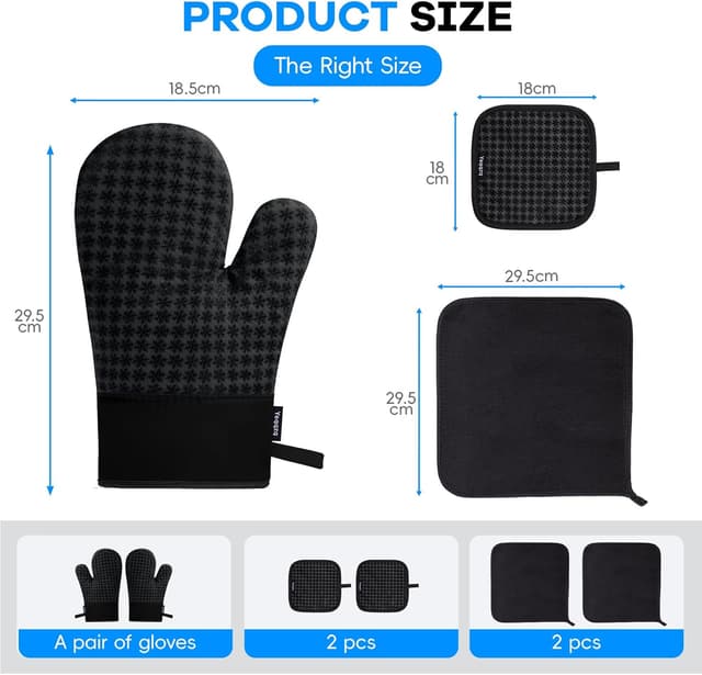 Detalle 2 de Yeqqzq 6-piece oven mitts and pot holders set with non-slip silicone, extra-long gloves (black)