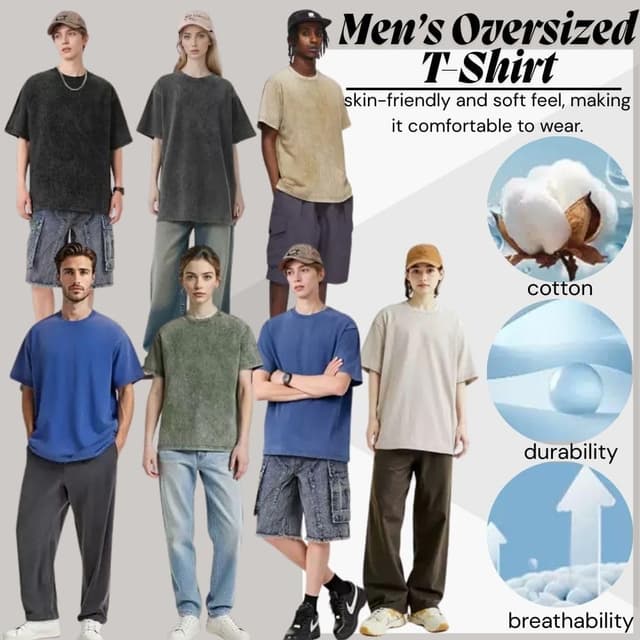 Detalle 2 de Herren Oversized T-Shirt 3er Pack aus Baumwolle – Basic, retro gewaschen & lässig für jeden Tag