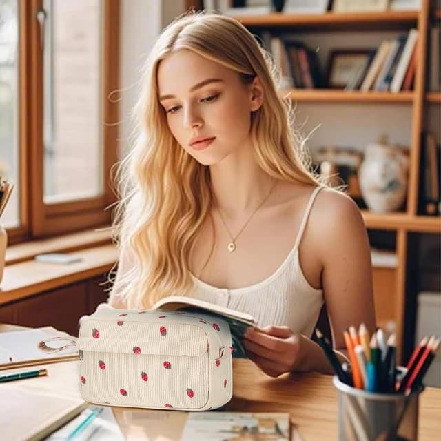 Detalle de LOIDOU Federmäppchen für Mädchen (groß) mit Erdbeer-Muster – Schreibwarenbeutel für Schule, Studium & Büro