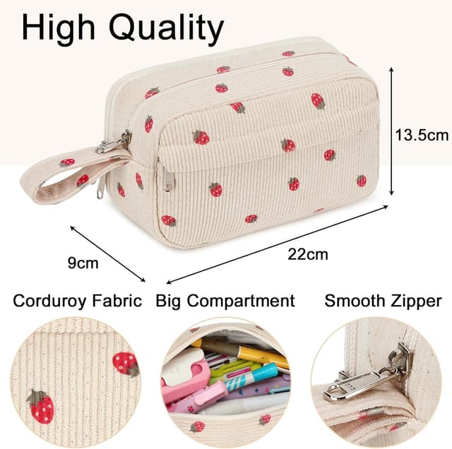 Detalle de LOIDOU Federmäppchen für Mädchen (groß) mit Erdbeer-Muster – Schreibwarenbeutel für Schule, Studium & Büro