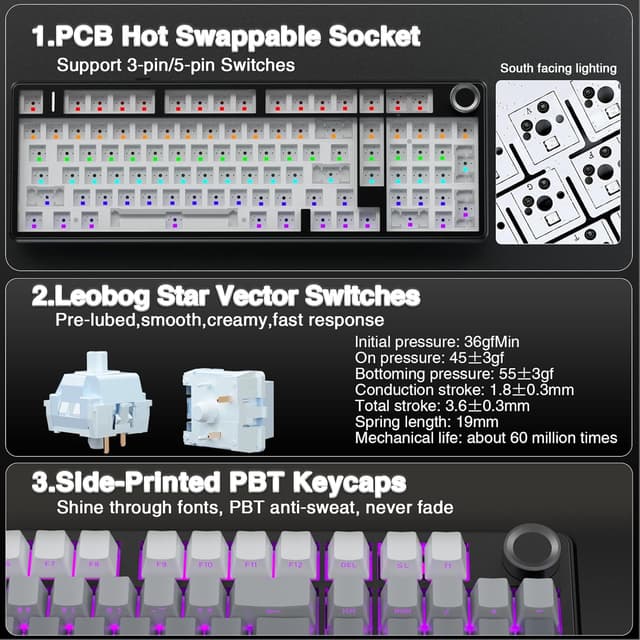 Thumbnail 6 de AULA F99 Pro Wireless Mechanical Keyboard (Knob, Tri-Mode BT5.0/USB-C/2.4GHz, Hot-Swappable, PBT)