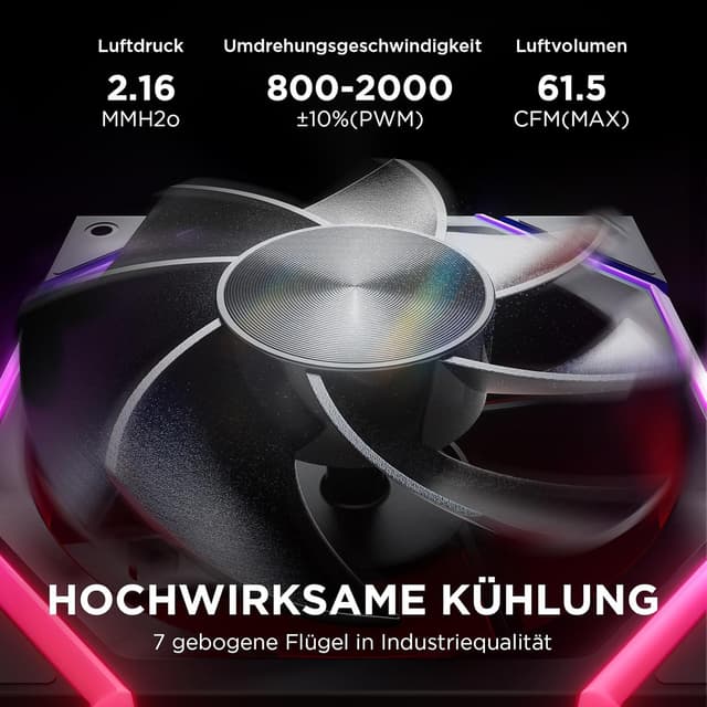 Detalle de AsiaHorse Nyota RGB Reverse Gehäuselüfter 120 mm (3er-Set) – 5V 3-Pin ARGB & 12V 4-Pin PWM