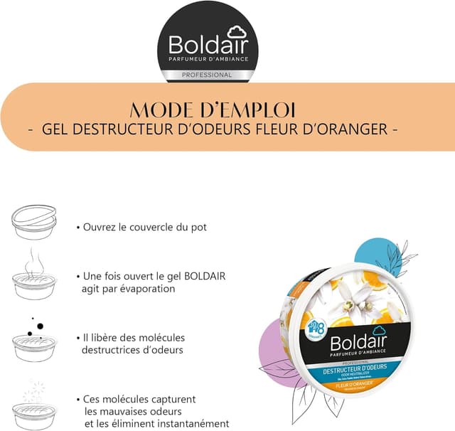 Detalle de BOLDAIR Gel destructeur d’odeur Fleur d’Oranger – gel solide neutralisant les mauvaises odeurs