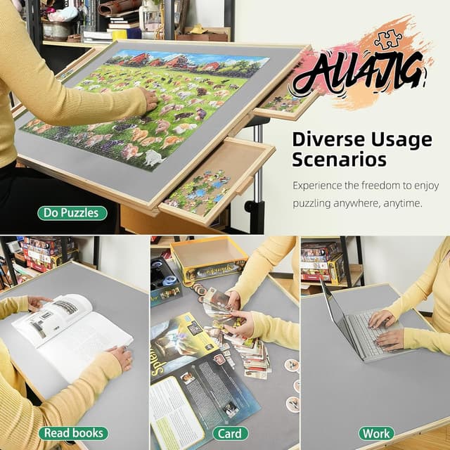 Detalle 2 de ALL4JIG 1500-Piece Puzzle Table with Legs and Wheels, Wooden Jigsaw Puzzle Table with 4 Drawers & Cover