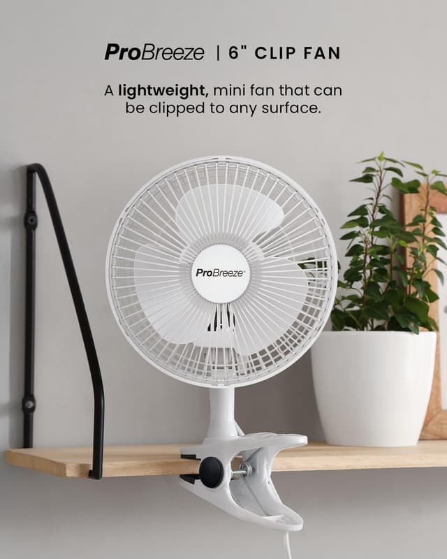 Detalle 2 de Pro Breeze 6 Inch Clip on Fan with 2 Speeds (Mains Powered) – Quiet 360° Rotation Desk Fan