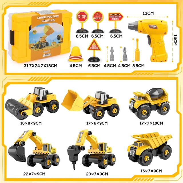 Detalle de Vanplay 6 in 1 Take-Apart Construction Vehicles Set with Electric Drill & Storage Box (104 pcs)