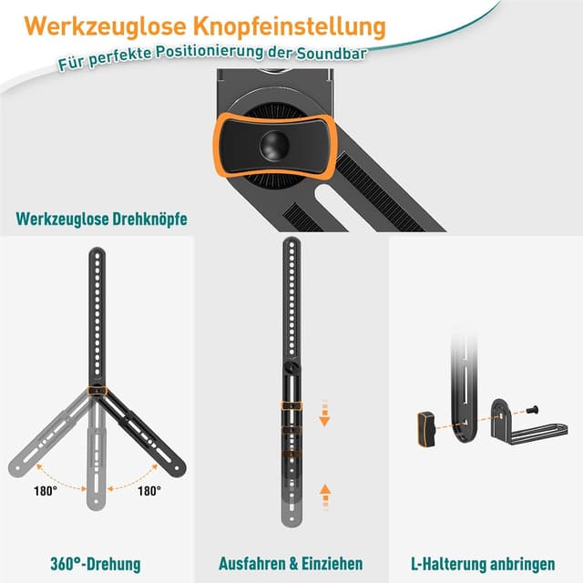 Detalle 2 de ELIVED Soundbar-Halterung EV5010 bis 6,8 kg – werkzeuglos verstellbar, universal für TV-Wandmontage