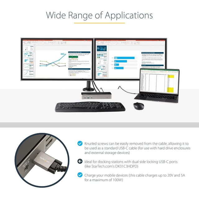 Detalle de StarTech.com USB-C-zu-USB-C-Kabel 1 m mit Schraubensicherung (USB 3.2 Gen 2, 10 Gbit/s, 100 W/5 A, DP Alt Mode)
