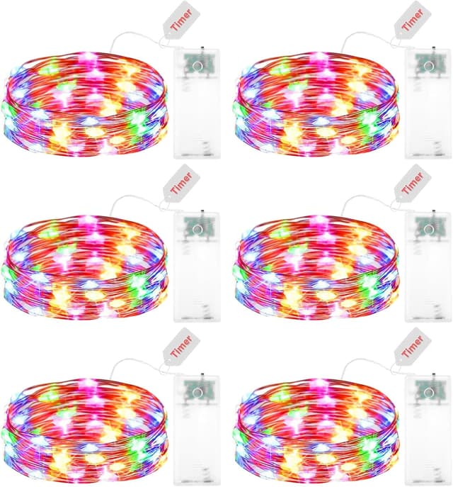 Detalle de Kaleora 6er LED-Lichterkette Batterie mit Timer (2 m, 20 bunte LEDs) – Kupferdraht für innen und abgedeckte Deko