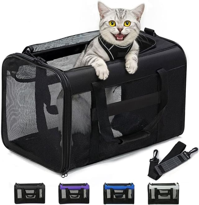 Detalle de Conlun Katzentransportbox faltbar (Weiche Transporttasche) mit 4-seitigem Netz – bis 6 kg, 43 × 28 × 28 cm, Schwarz