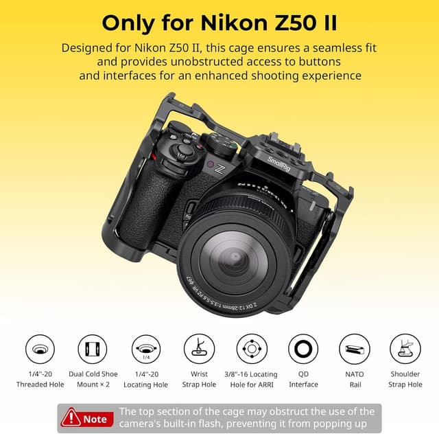 Detalle de SMALLRIG Z50 II Cage pour Nikon Z50 II (4980) : cage aluminium, fixation 1/4"-20 et plaque Arca-Swiss