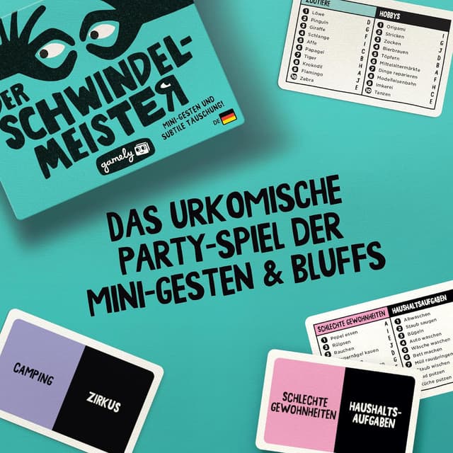 Detalle 2 de Gamely Der Schwindelmeister – witziges Partyspiel Kartenspiel