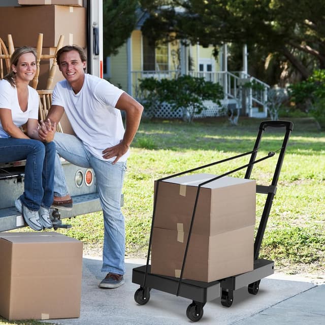 Detalle de SOLEJAZZ Folding Hand Truck Dolly – 230kg portable trolley with 6 wheels, folding design and bungee straps