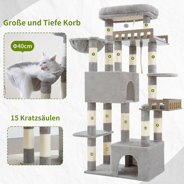 Detalle de Gitelsnour Kratzbaum groß für große, ausgewachsene Katzen – 174 cm mit Hängematte und 15 Kratzstangen