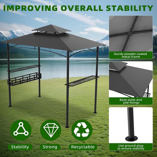 Detalle 2 de Gazebo da giardino impermeabile con tetto a doppio strato 245 x 153 x 250 cm, grigio