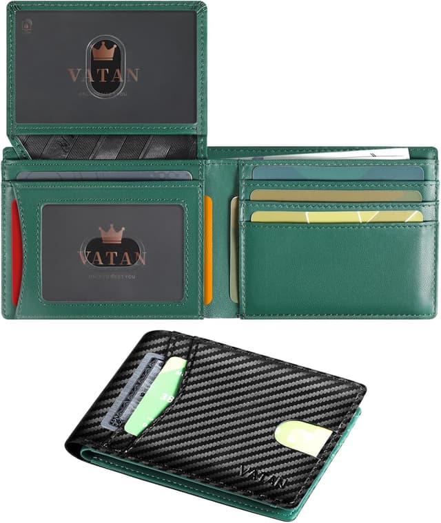 Detalle de VATAN Slim RFID Blocking Leather Wallet (Carbon Black & Green) for up to 15 Cards