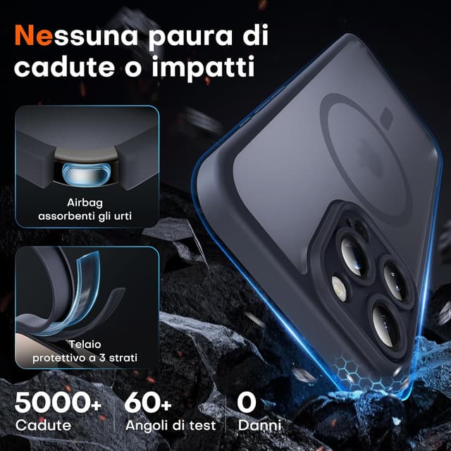 Detalle 2 de TOCOL Cover magnetica per iPhone 16 Pro Max 6,9" compatibile con MagSafe, protezione fotocamera e antiurto traslucida opaca (nero)