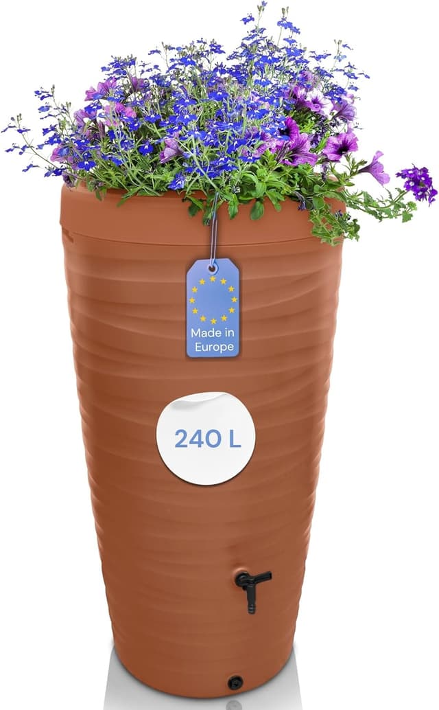 Detalle de YourCasa Regentonne 240 Liter im Wave Design – frostfeste Regenwassertonne mit Wasserhahn und 3/4“-Anschluss