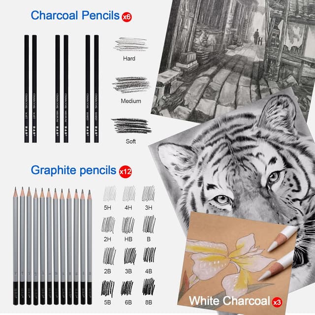 Detalle 2 de H & B 80pcs Drawing Set Sketching Pencil Set with 3-Colour Sketchbook and Colouring Book