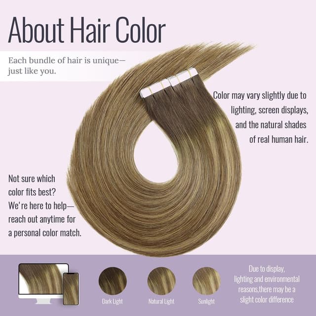 Detalle 2 de Fshine Extensiones Adhesivas de Pelo Natural, 14", Marrón a Rubio