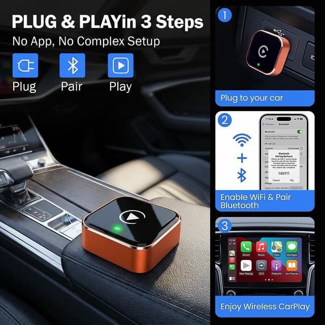 Detalle de Wireless CarPlay Adapter 2026 Upgraded – Mini plug-and-play dongle for turning wired CarPlay wireless