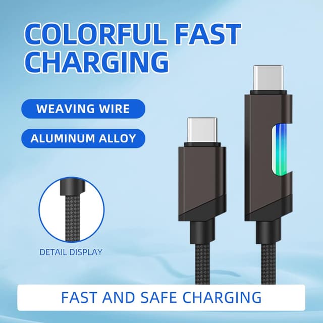 Detalle de USB Type-C Fast Charge Lead 60W with RGB Light, 1.2m Nylon Braided (2 Pack)
