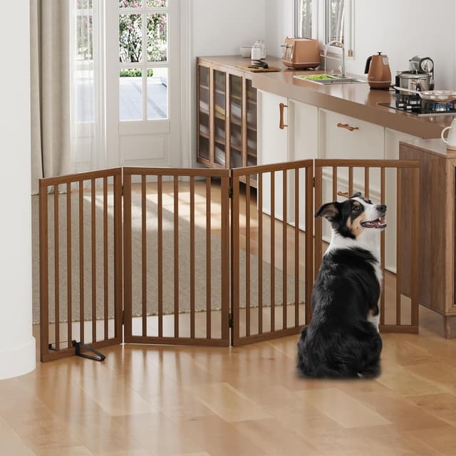 Detalle de Algherohein Tall Dog Gates for Doorways – Foldable Freestanding 4-Panel Indoor Puppy Gate (Walnut)