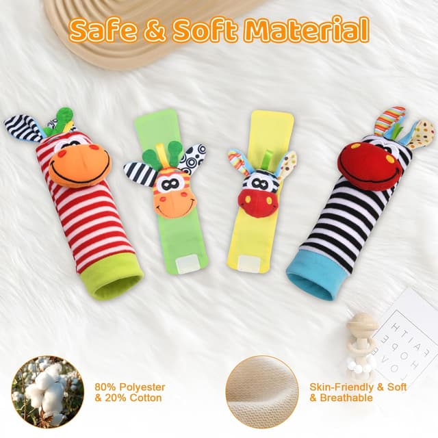 Detalle de Vicloon 4-teiliges Set Rasselsocken & Handgelenk-Rassel aus Plüsch (0–6/0–12 Monate)