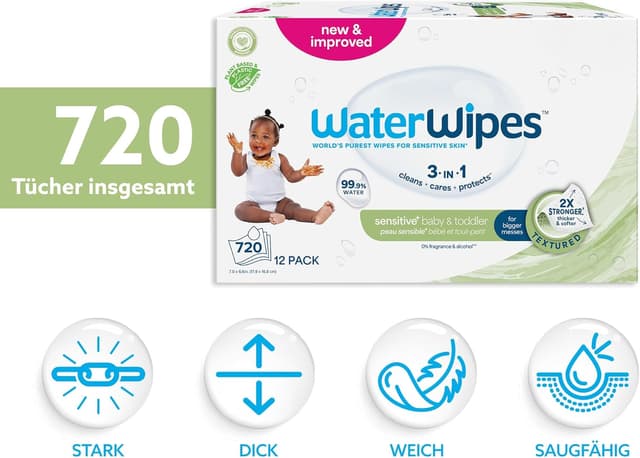 Detalle 2 de WaterWipes Sensitive+ Baby- und Kleinkind-Feuchttücher 3-in-1, parfümfrei – 12er Pack (720 Stück)