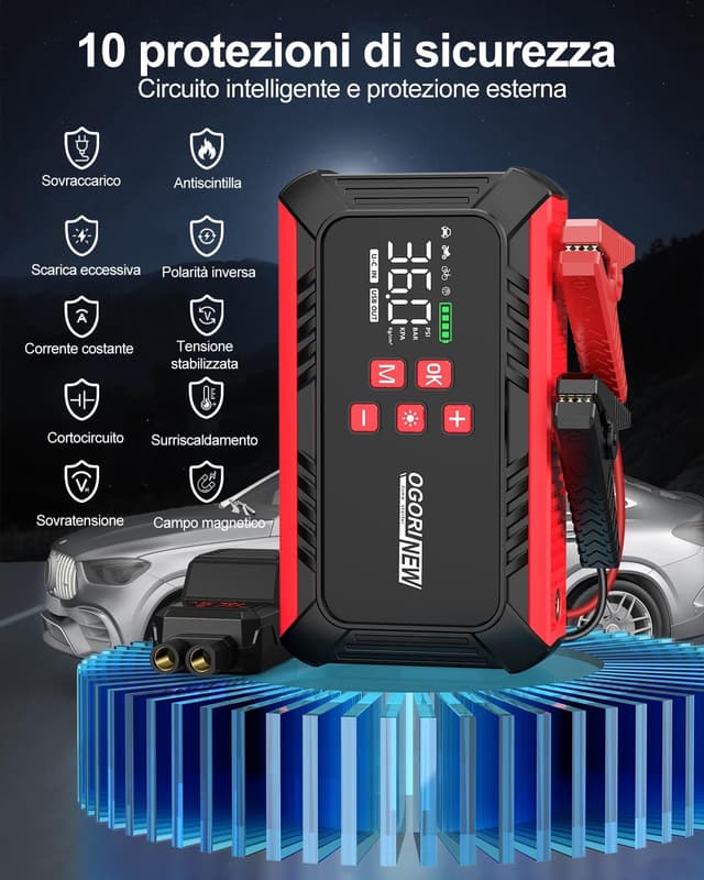 Detalle de OGORI NEW Booster Avviamento Auto con Compressore e Torcia LED da 12V (7000A)