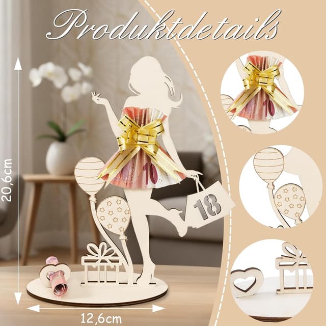 Detalle 2 de Geldgeschenke Geburtstag Mädchen: Holzschild-Gästebuch zum 18. Geburtstag, personalisierbar (Naturholz, 20,6 × 16,6 cm)