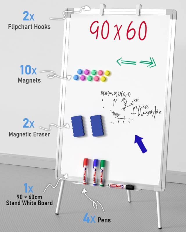 Detalle 2 de Nicpro Flip Chart Whiteboard with Stand (90 x 60cm) – Magnetic Dry Erase Easel with 4 Pens