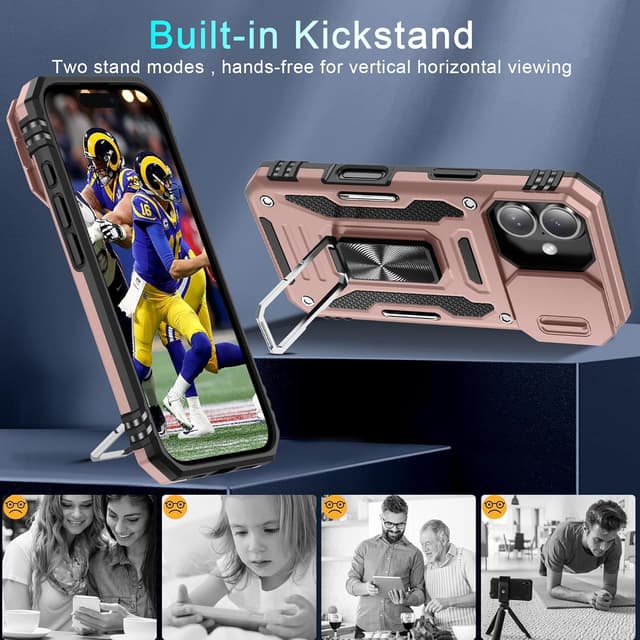 Detalle 2 de DEERLAMN iPhone 16 Armor Case with Sliding Camera Cover + Rotating Ring Kickstand (2 Pack Screen Protectors) – Rose Gold