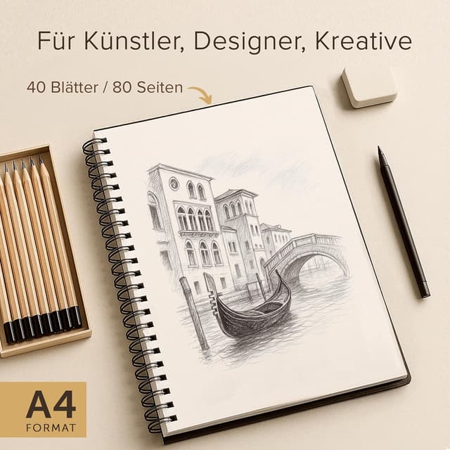 Detalle de Gebundenes Skizzenbuch für Künstler, DIN A4 (200 g/m²) – spiralgebunden, 40 Bögen / 80 Seiten