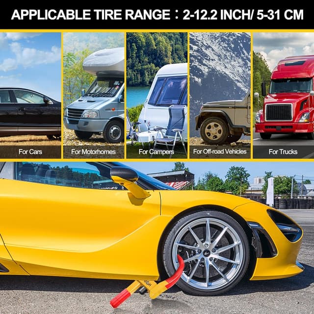 Detalle 2 de MAIKEHIGH Sabot antivol de roue réglable (2 à 12,2 pouces) avec 3 clés pour voiture, caravane, remorque