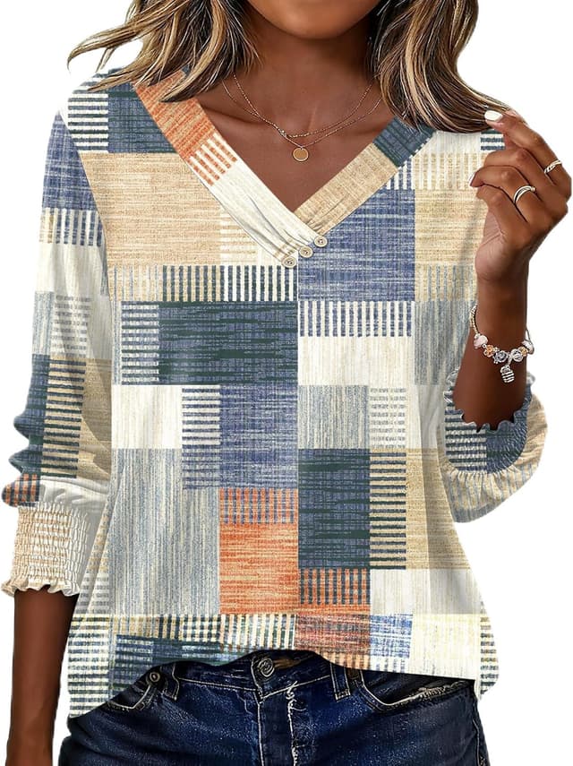 Detalle de Rapbin Damen-Bluse mit 3/4-Arm, V-Ausschnitt & Knopfleiste – elegante Tunika für Sommer und Alltag