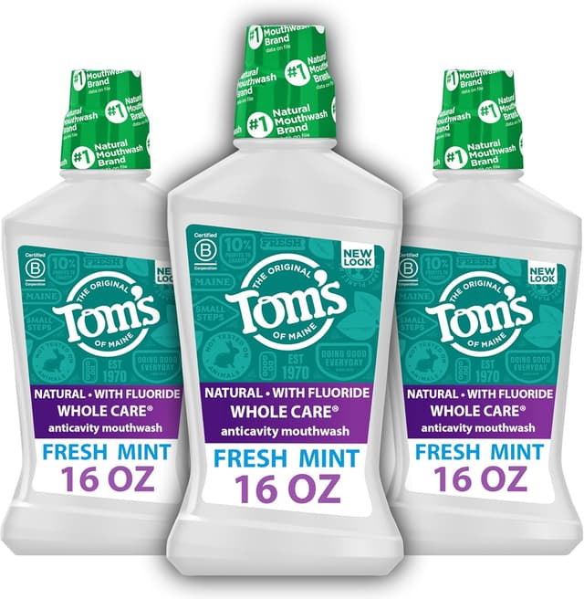 Detalle de Tom's of Maine Whole Care Natural Fluoride Mouthwash (Fresh Mint) – 16 oz Bottles, Pack of 3