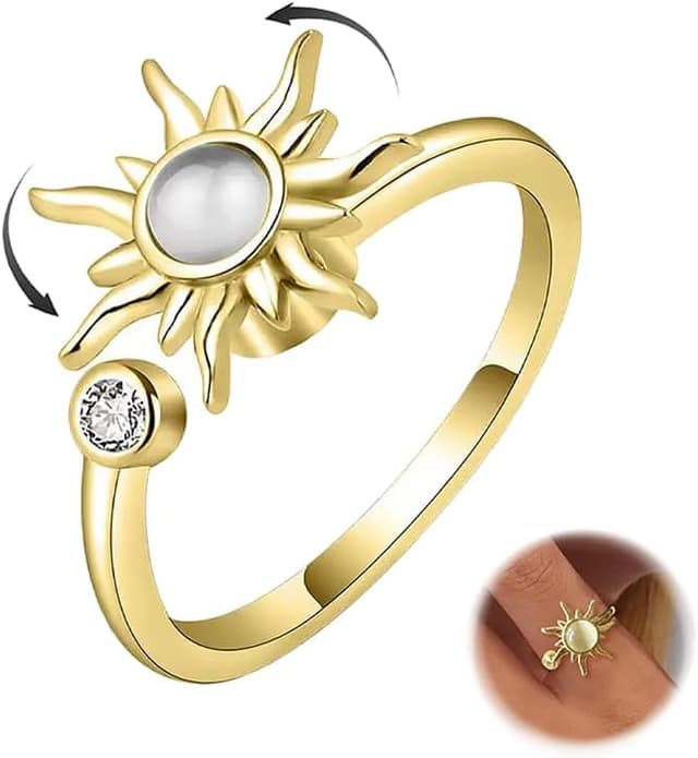 Detalle de Maynor Anxiety Ring für Damen – verstellbarer Zirkonia-Blumen & Sonnen Stressspinner-Ring